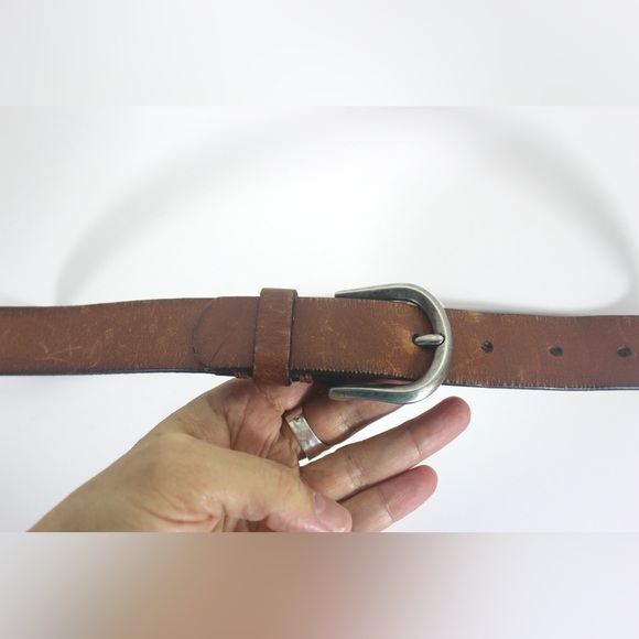 Cognac Brown Rustic Leather Belt with Silver Buckle and Topstitching Distressed - Picture 3 of 8